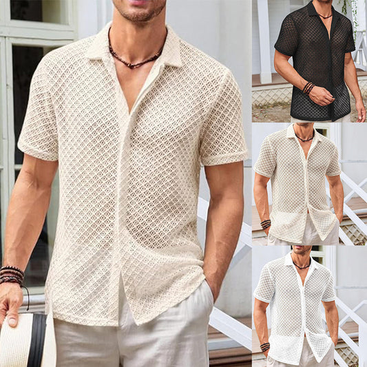 Men's Mesh Short Sleeve Button-Up Shirt – Breathable Summer Beach Top