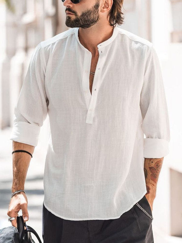 mens-slim-fit-stand-up-collar-shirt-white

casual-long-sleeve-mandarin-collar-shirt-black

man-wearing-breathable-cotton-shirt

solid-color-mens-long-sleeve-top