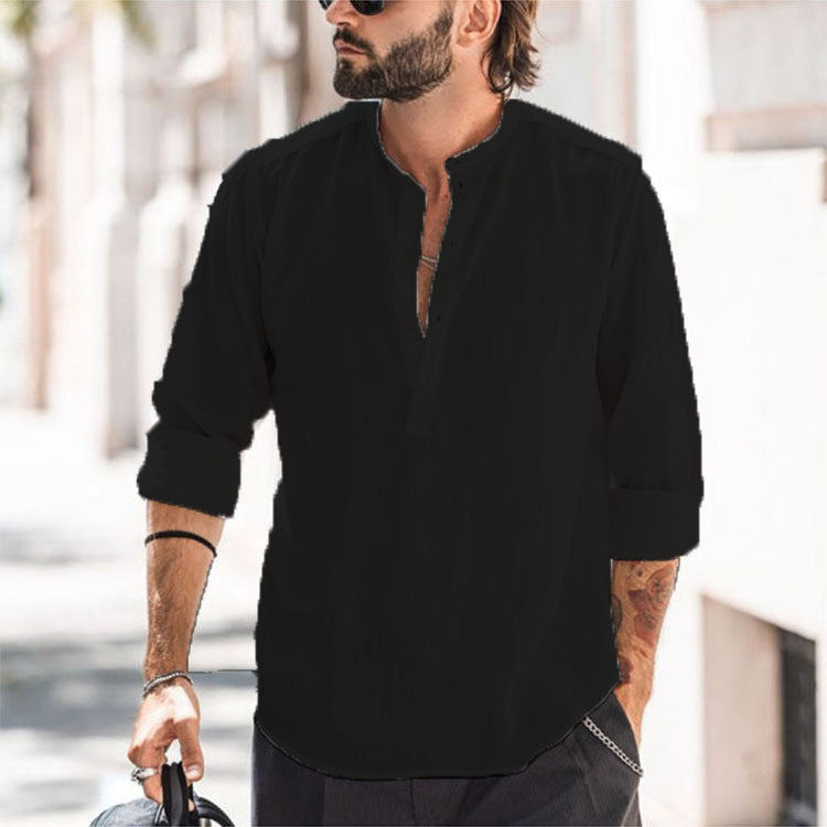 mens-slim-fit-stand-up-collar-shirt-white

casual-long-sleeve-mandarin-collar-shirt-black

man-wearing-breathable-cotton-shirt

solid-color-mens-long-sleeve-top