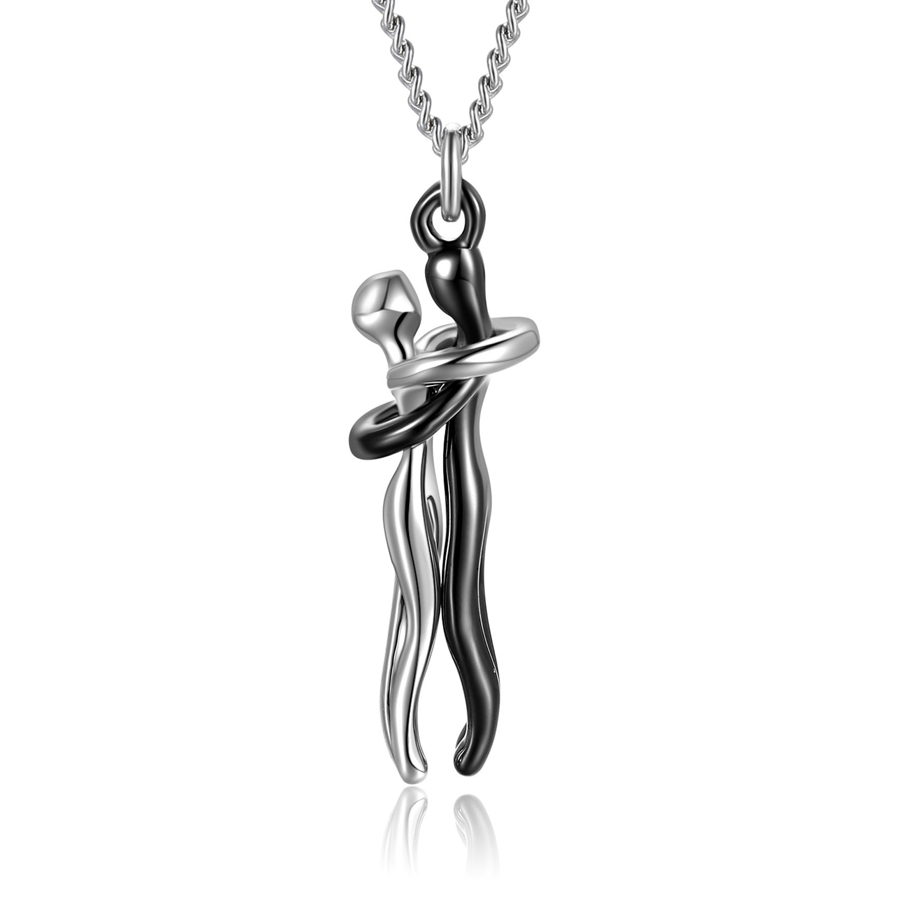 Silver and black pendant necklace on a white background