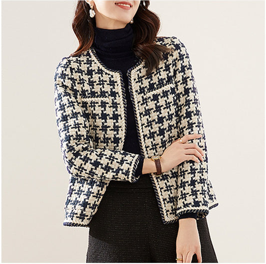 womens-navy-blue-houndstooth-jacket

model-wearing-casual-houndstooth-blazer

round-neck-houndstooth-coat-polyester

chic-houndstooth-jacket-detail-view