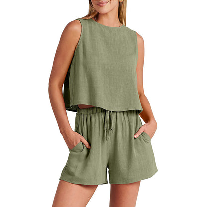 womens-summer-sleeveless-top-shorts-set-apricot

model-wearing-rayon-linen-two-piece-outfit-green

drawstring-shorts-women-casual-summer-suit-black

womens-2pc-fashion-suit-grey-blue-detail