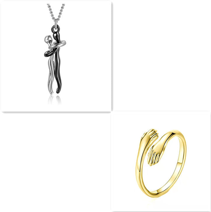 Collage of a black pendant and gold ring on a white background